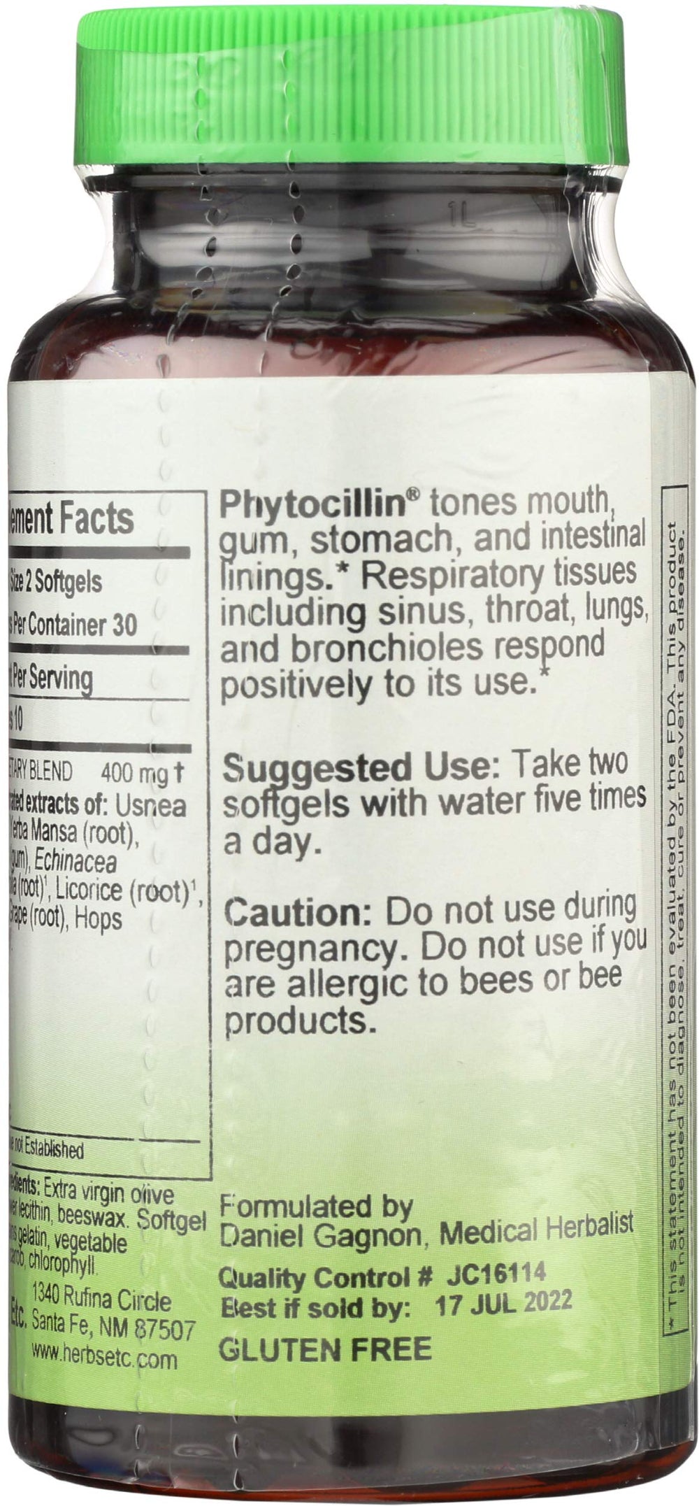 Herbs Etc. Phytocillin softgels closeup showing capsules for respiratory balance.