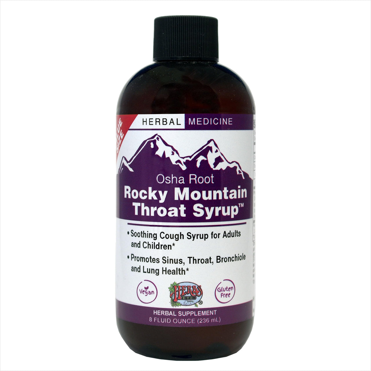 Herbs Etc. Rocky Mountain Throat Syrup bottle promotes natural throat comfort.