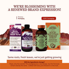 Close-up of Herbs Etc. Rocky Mountain Throat Syrup label highlighting organic ingredients.
