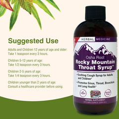 Packaging box of Herbs Etc. Rocky Mountain Throat Syrup emphasizes care.