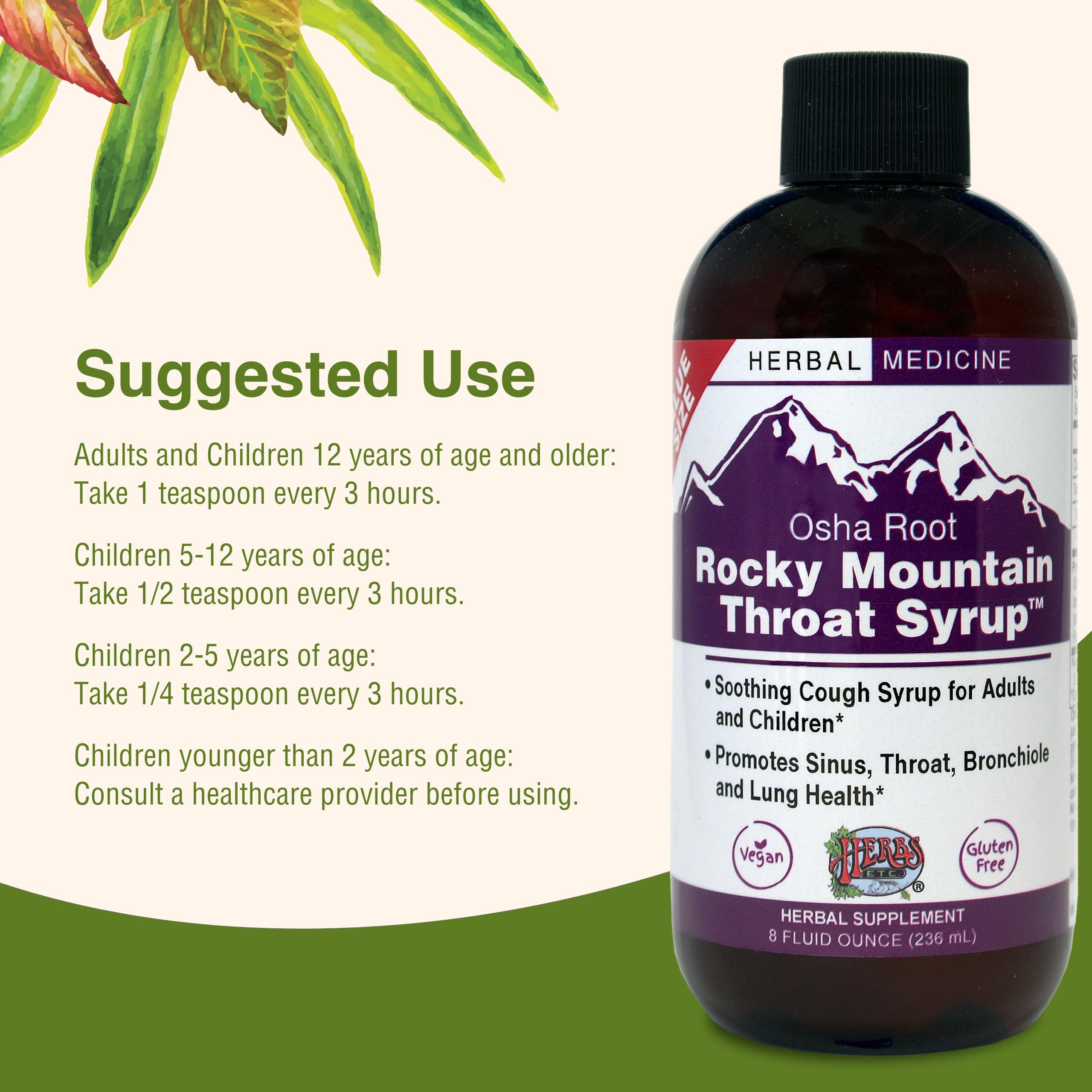 Herbs Etc. Rocky Mountain Throat Syrup packaging emphasizes herbal blend.