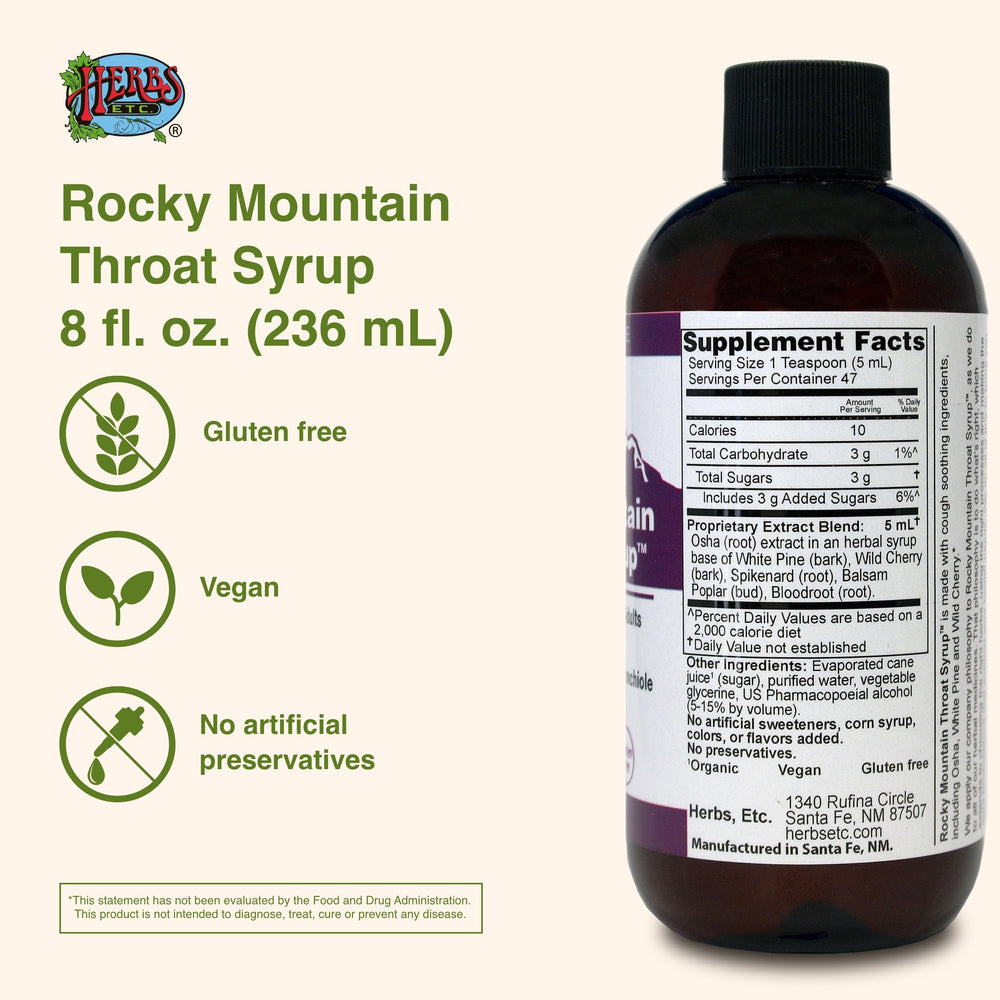 Pouring Herbs Etc. Rocky Mountain Throat Syrup shows smooth, soothing texture.