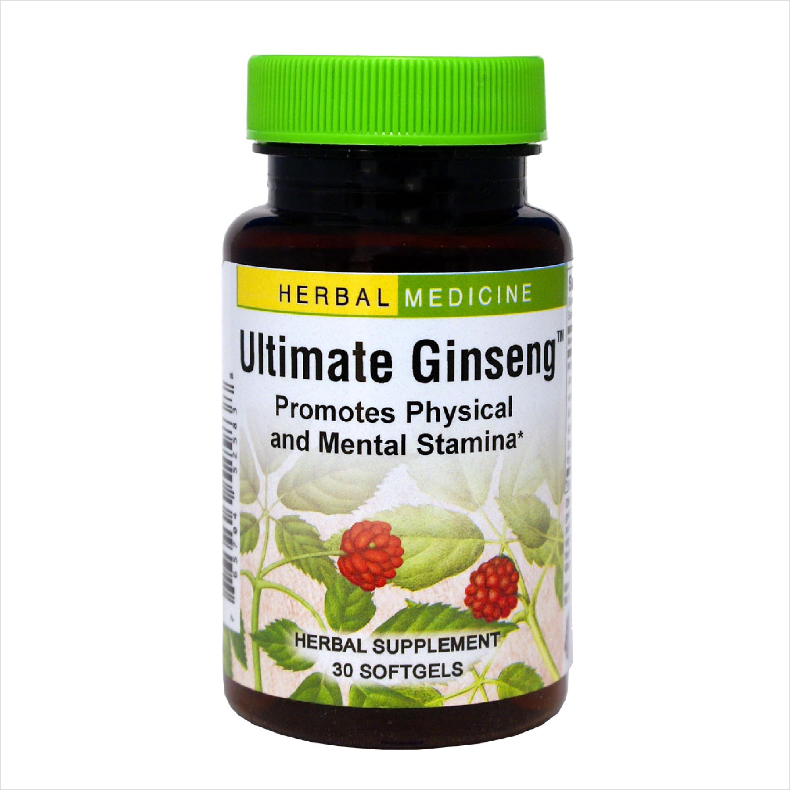 Herbs Etc. Ultimate Ginseng softgels bottle front for gluten-free energy support.