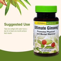 Herbs Etc. Ultimate Ginseng softgels ingredients closeup listing American ginseng, red ginseng, eleuthero.