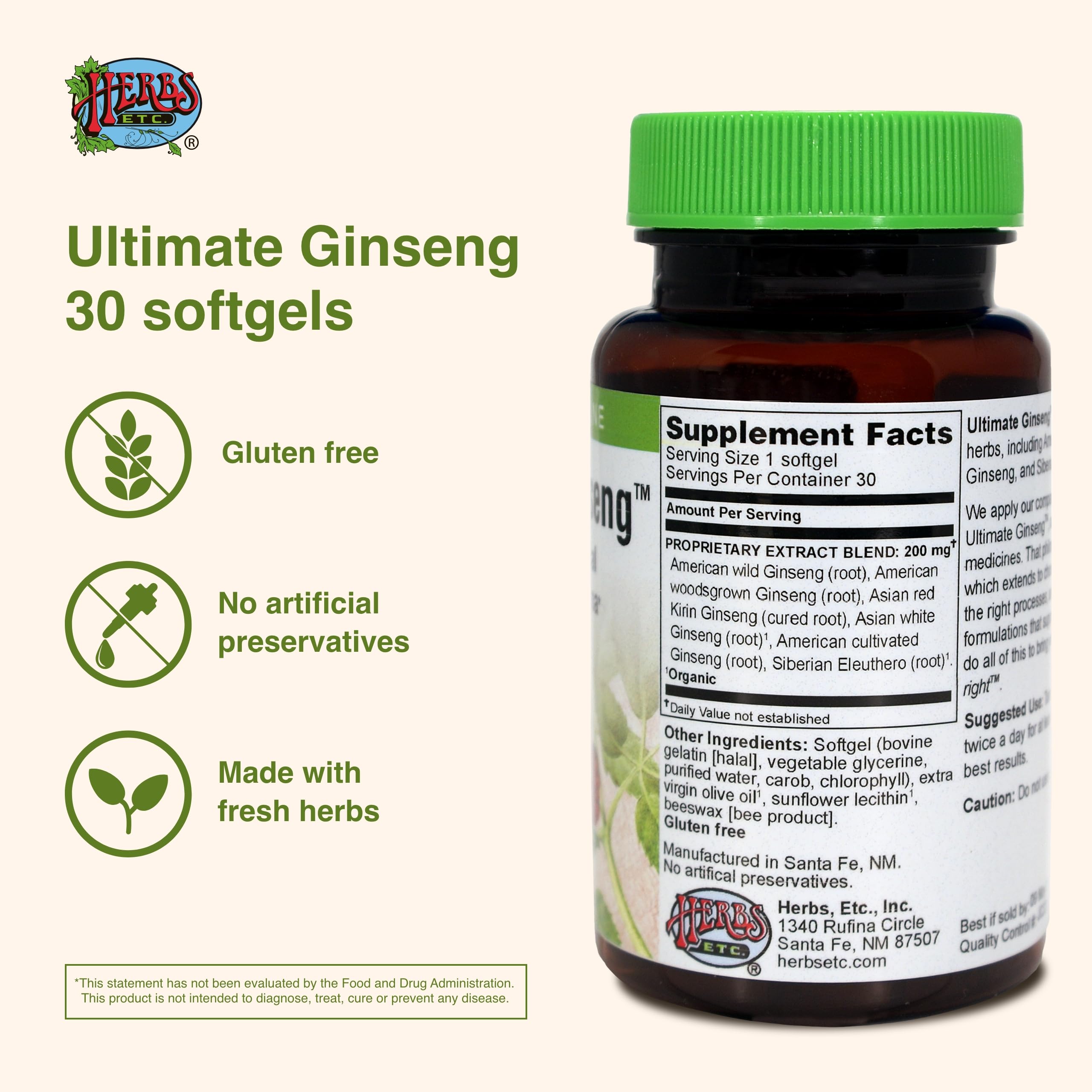 Herbs Etc. Ultimate Ginseng softgels label closeup highlighting the five-root blend.