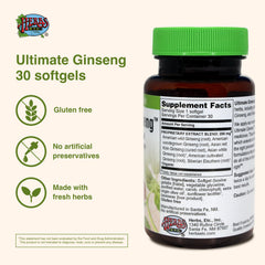 Herbs Etc. Ultimate Ginseng softgels label closeup highlighting the five-root blend.