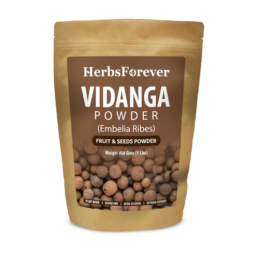 HerbsForever Vidanga powder bottle showing Embelia Ribes fruit and seed for daily herbal use