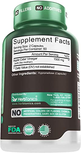 Herbtonics ACV capsules with Mother indicating natural fermentation benefits for digestion.