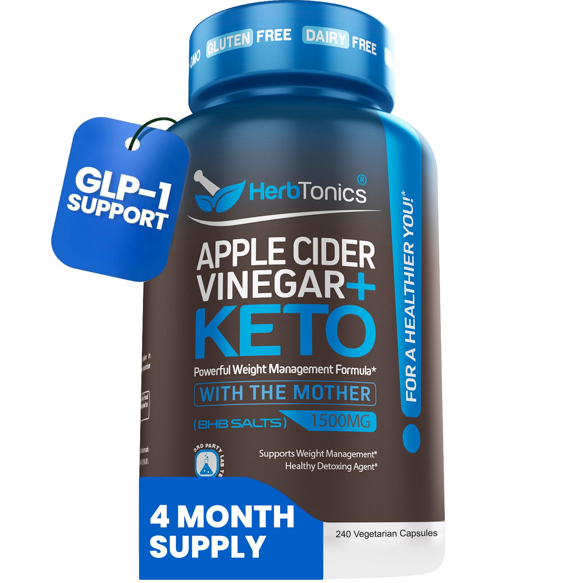 Herbtonics Apple Cider Vinegar + Keto BHB capsules bottle supports daily appetite awareness.
