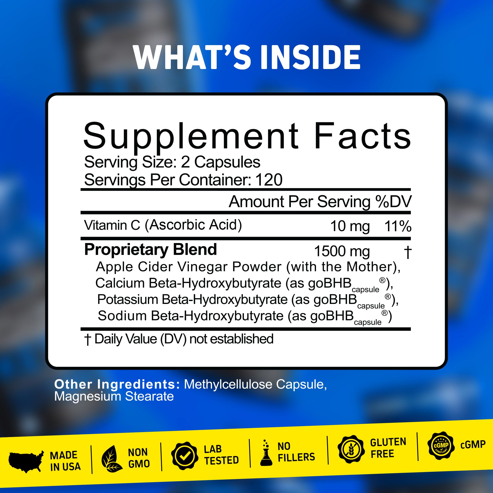 Herbtonics Apple Cider Vinegar + Keto BHB capsules third-party testing badge confirms purity.