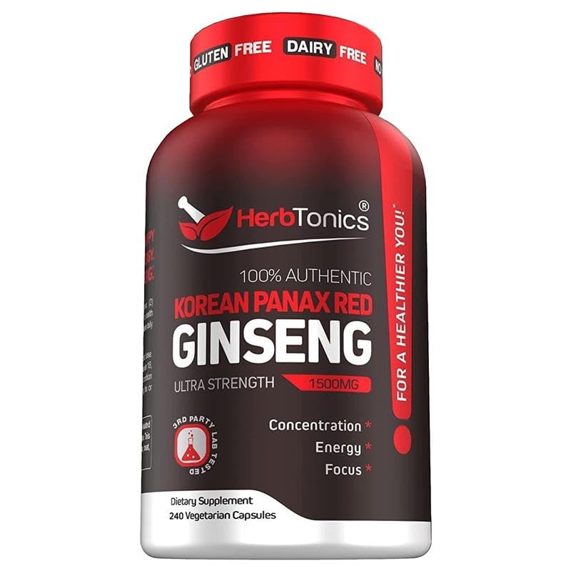 Herbtonics Korean Red Panax Ginseng 1500mg bottle overview suggesting steady energy and focus.