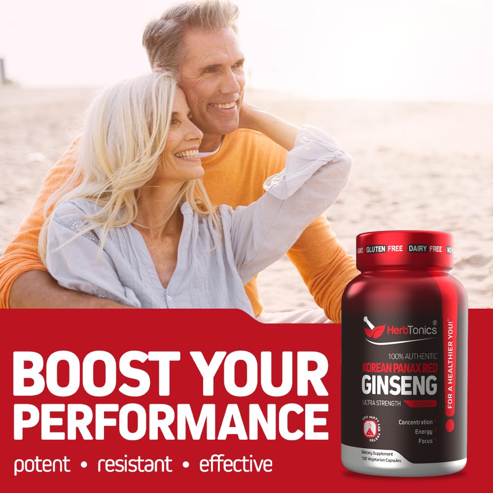 Herbtonics label closeup shows authentic ginseng root extract quality for sustained daily vitality.
