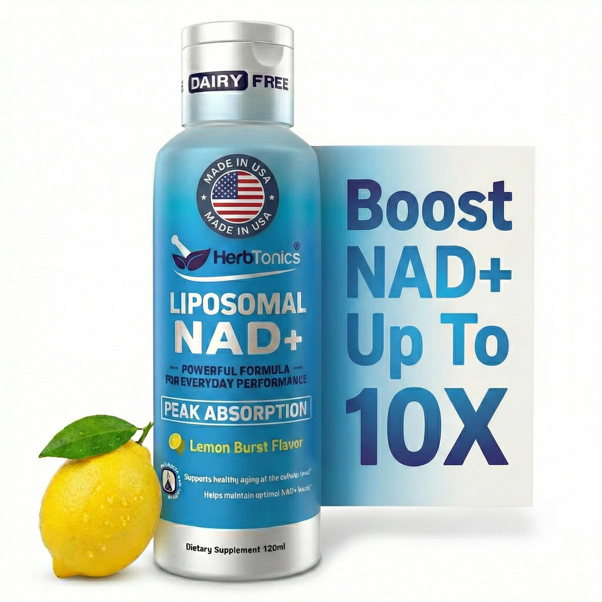 Herbtonics liposomal NAD+ bottle showing premium absorption for daily energy.