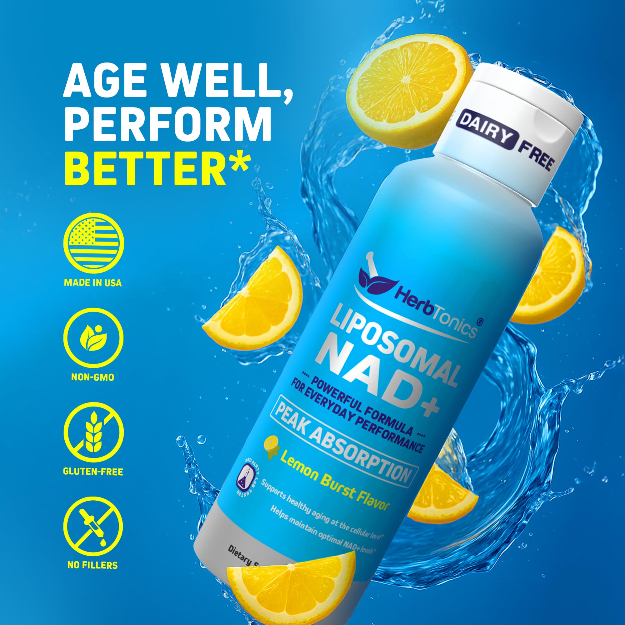 Pouring Herbtonics NAD+ lemon liquid for quick, caffeine-free focus.