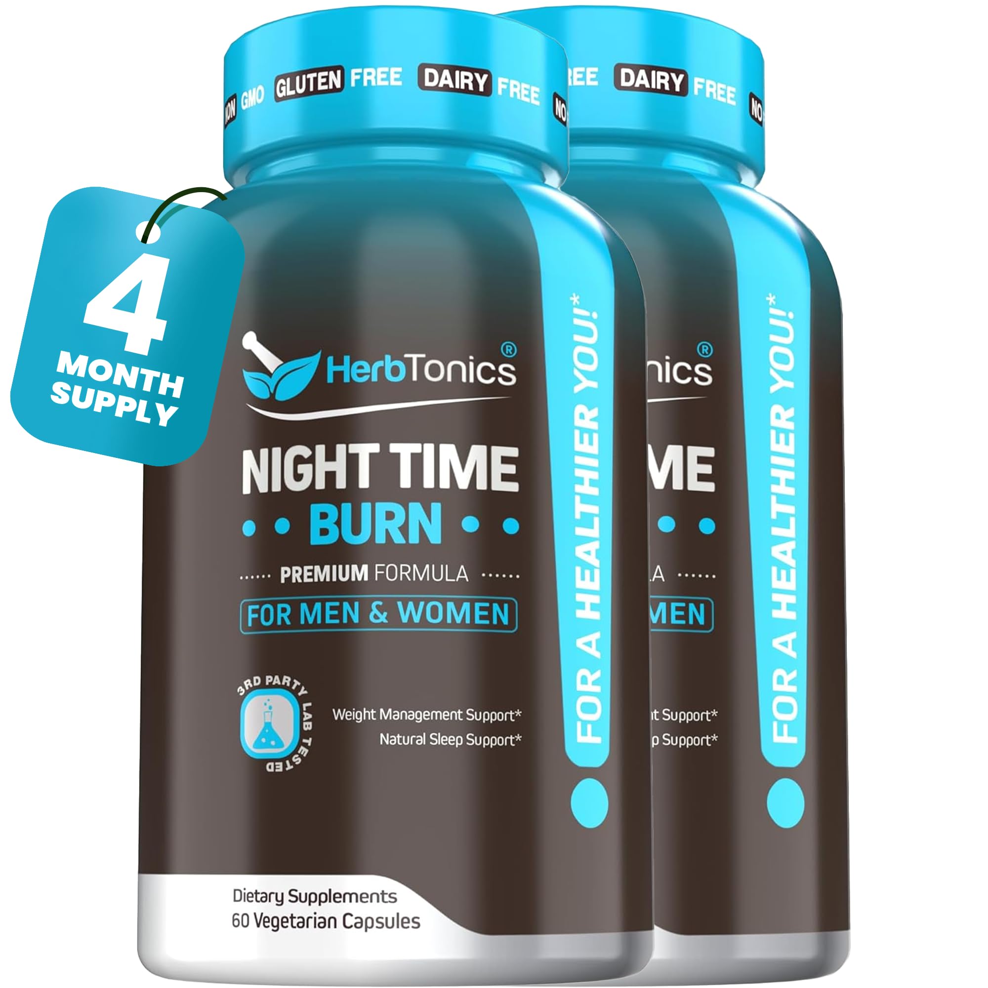Herbtonics Night Time Burn & Sleep bottle close-up showing calm, restful packaging.