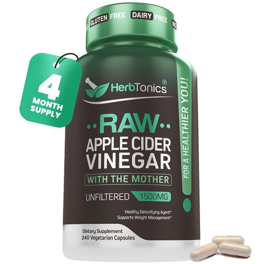 Herbtonics raw ACV capsules bottle for daily weight management support.