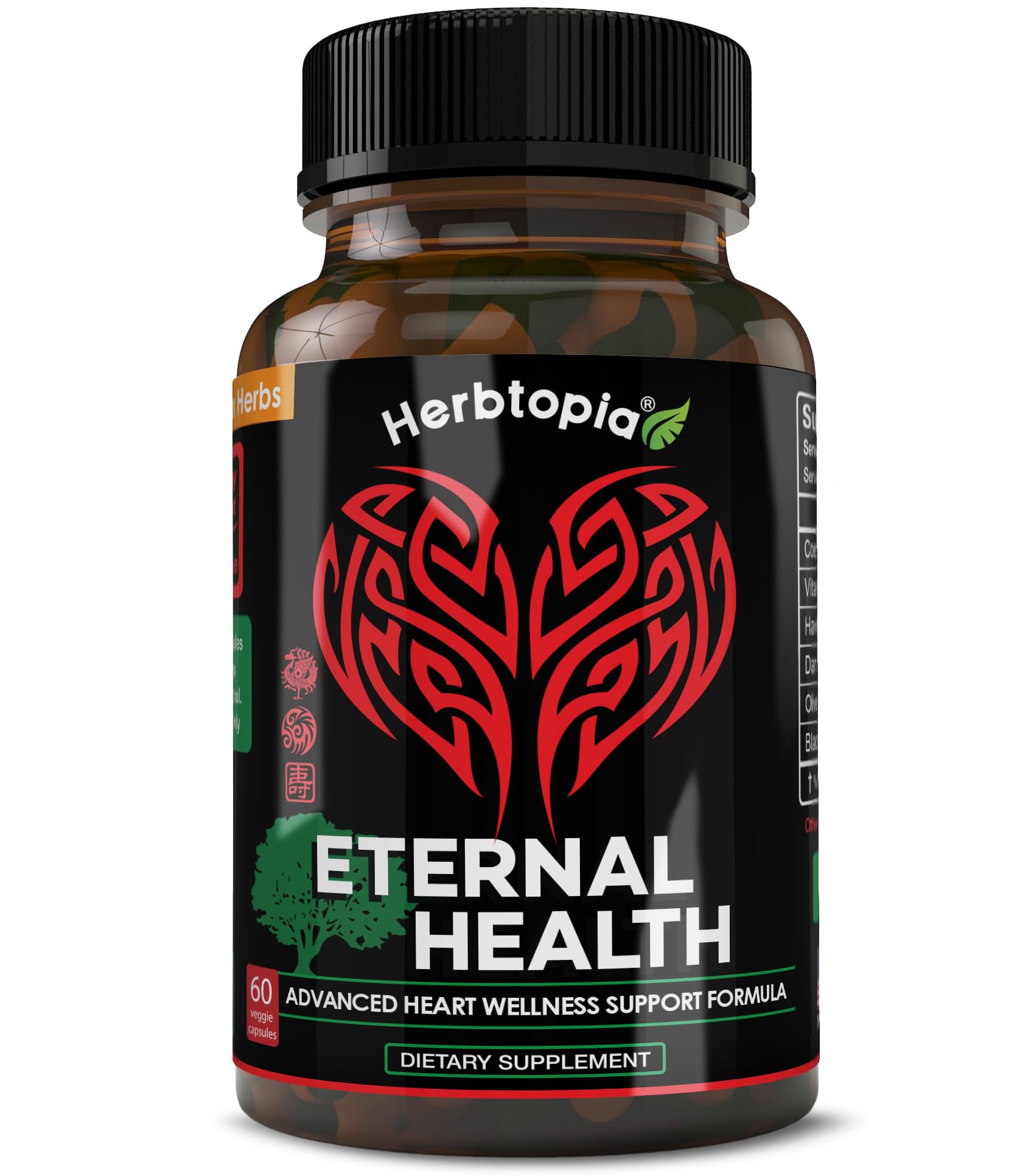 Herbtopia Eternal Health bottle with heart health ingredients for daily wellness.