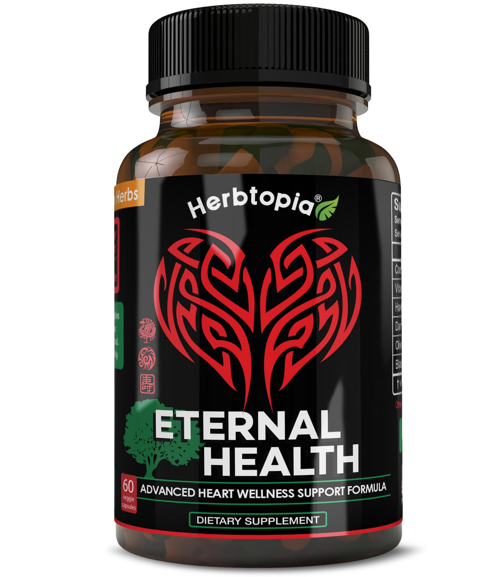 Herbtopia Eternal Health bottle with heart health ingredients for daily wellness.