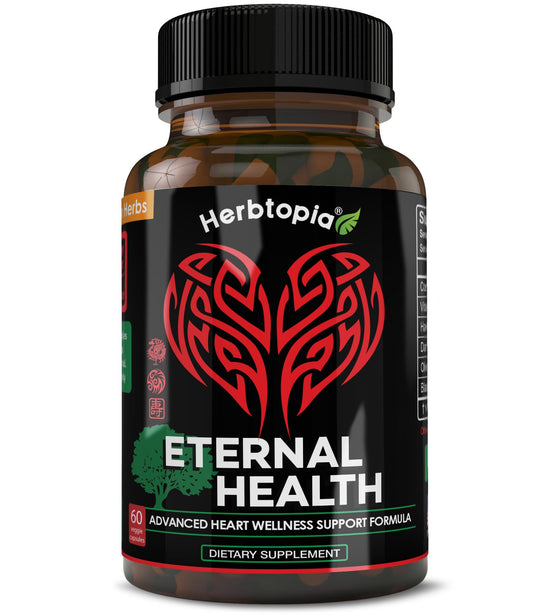 Herbtopia Eternal Health bottle with heart health ingredients for daily wellness.