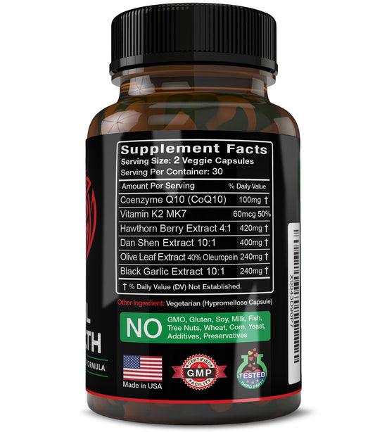 Herbtopia Eternal Health bottle label highlighting CoQ10 and MK7.