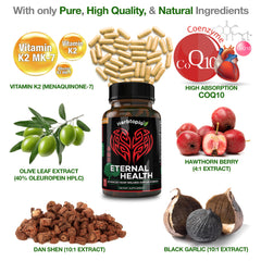 Herbtopia Eternal Health ingredients: CoQ10 with hawthorn and olive leaf for heart wellness.