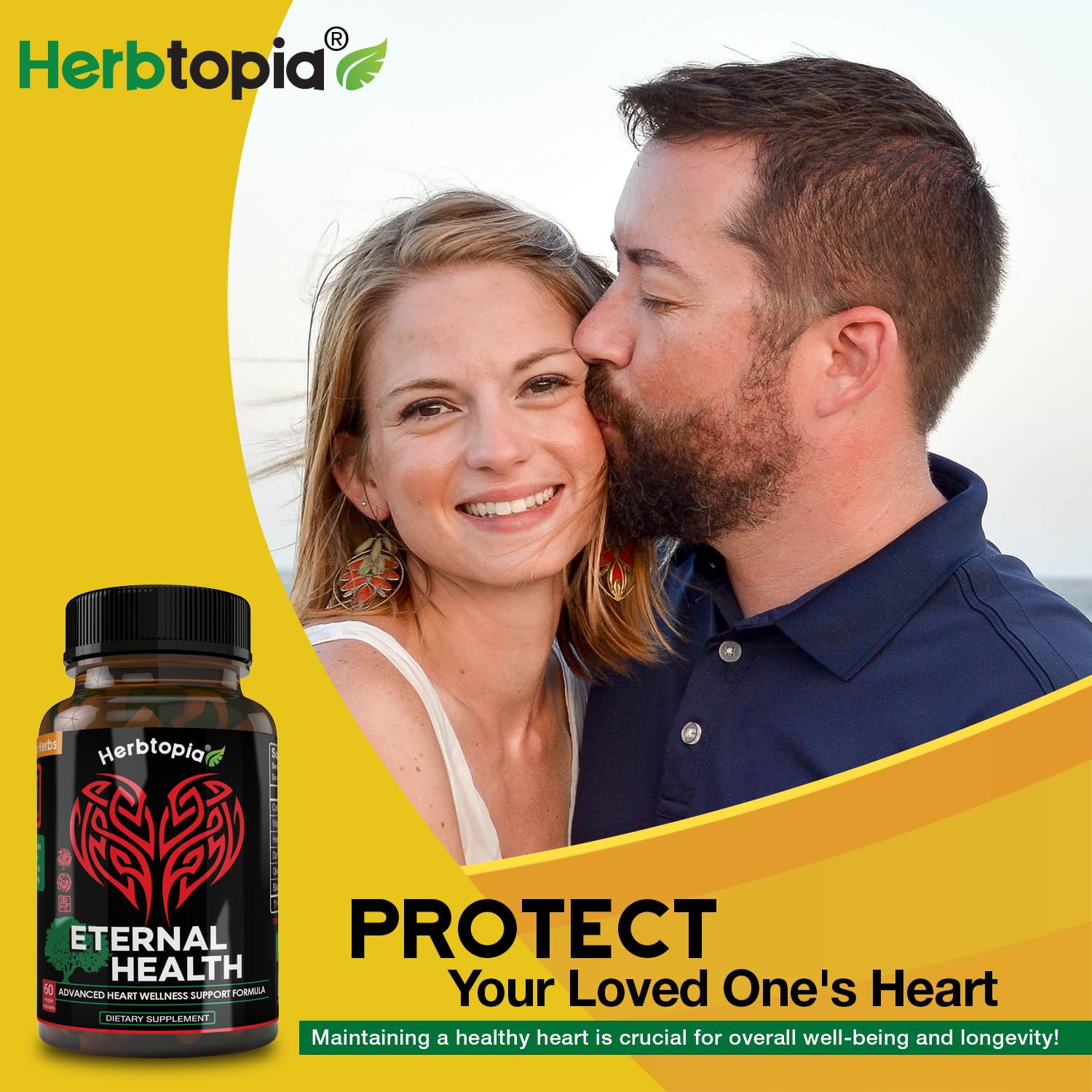 Herbtopia Eternal Health product shot highlighting hawthorn and black garlic ingredients.