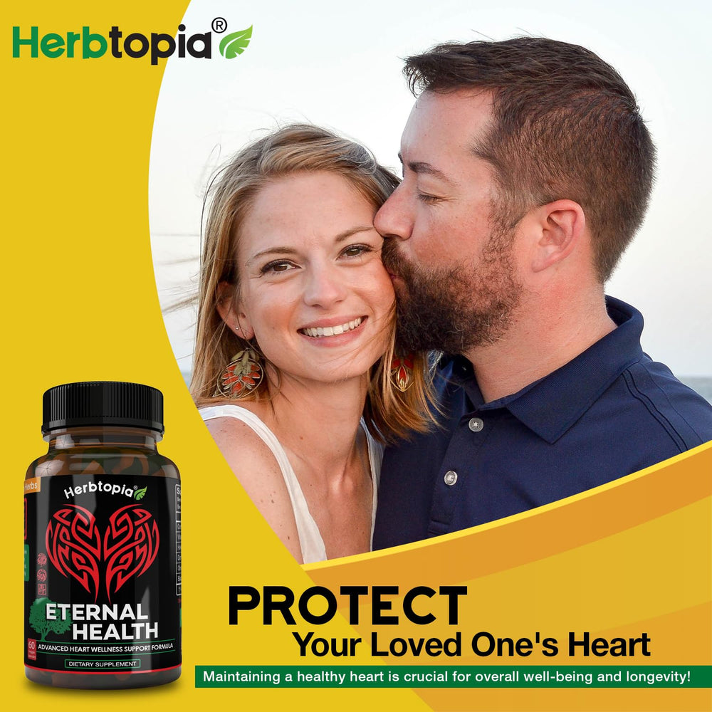 Herbtopia Eternal Health product shot highlighting hawthorn and black garlic ingredients.