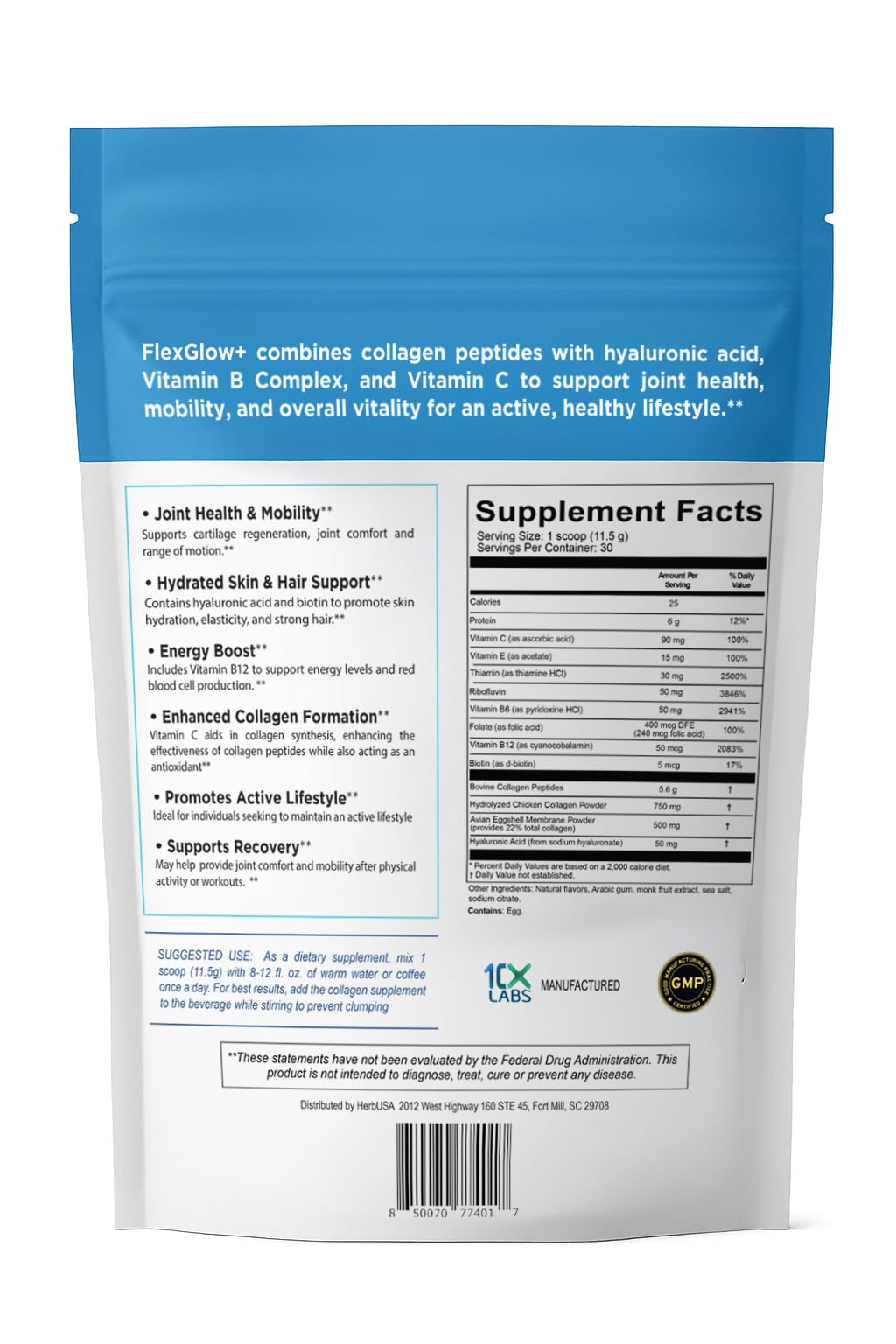 HerbUSA FlexGlow+ powder scoop showing 6,900mg collagen per serving
