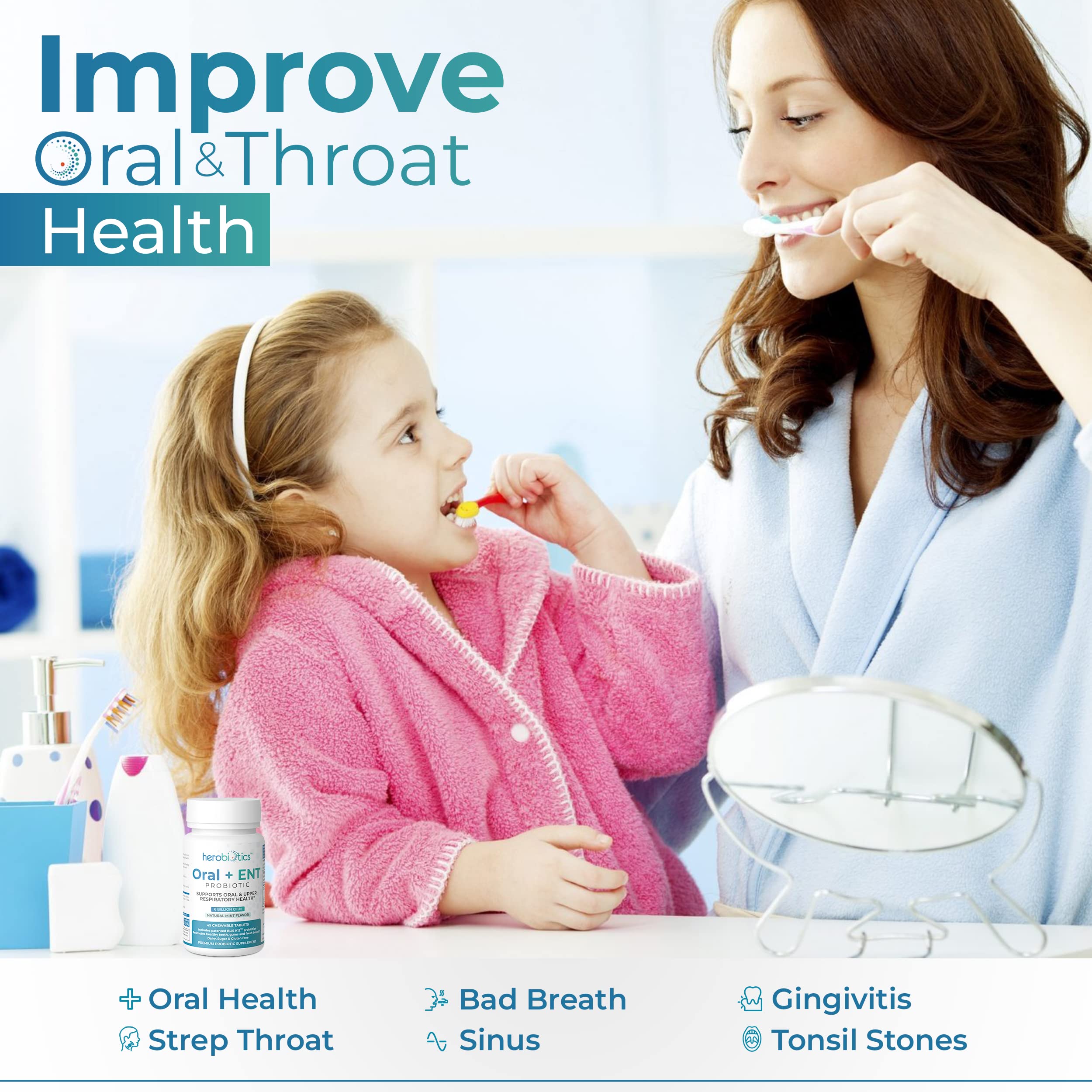 Herobiotics bottle with tablets, ready for on-the-go oral care and routine support.