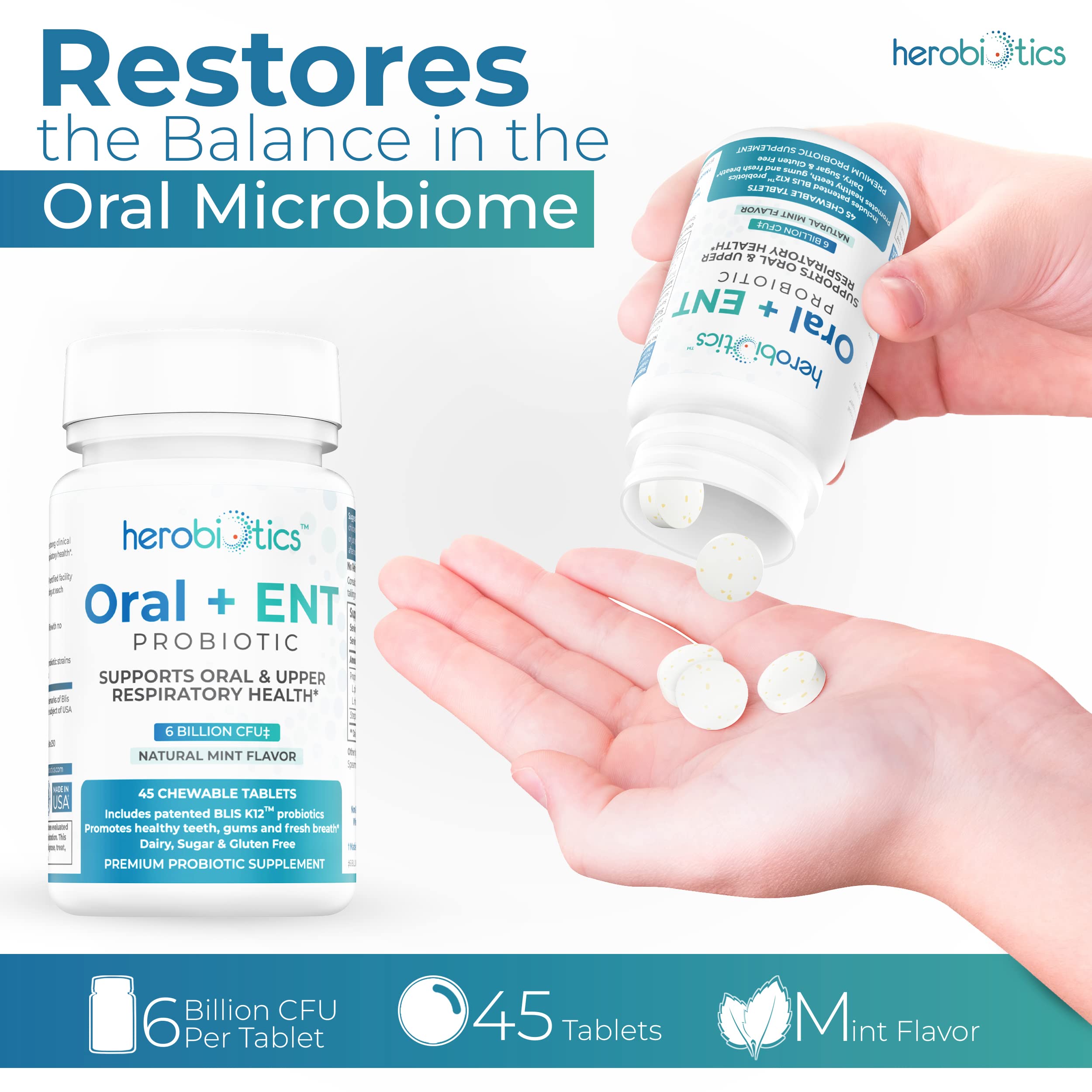 Herobiotics chewable tablets close-up, designed for convenient daily probiotic use for fresher breath.