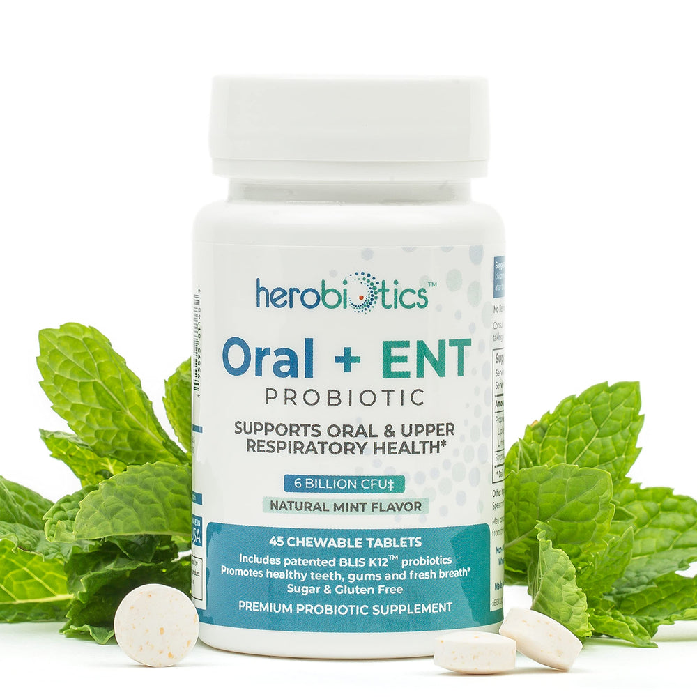 Herobiotics family-friendly daily oral care with chewable probiotic tablets.