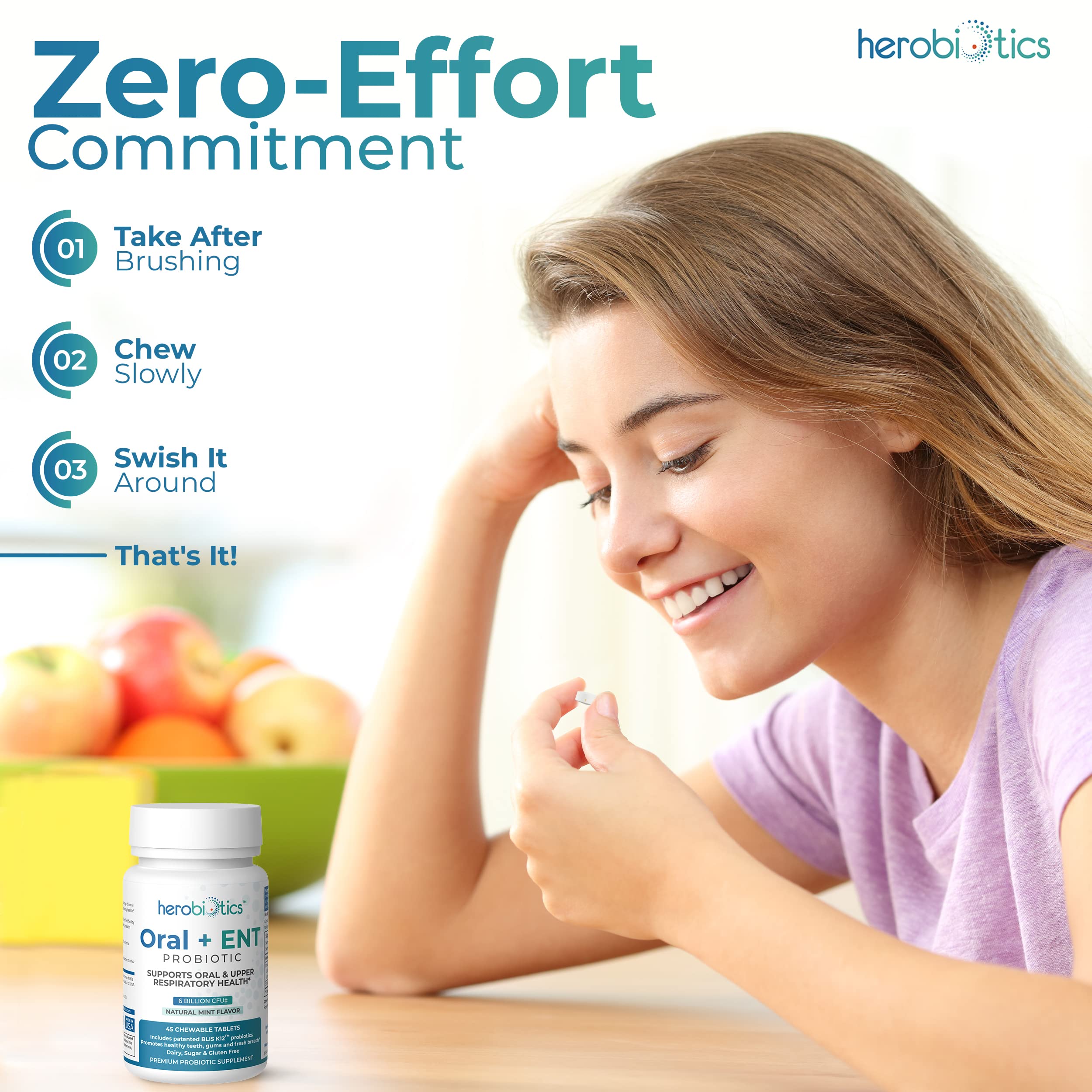 Herobiotics ingredients include BLIS K12-45, L. reuteri, and L. plantarum for balance.