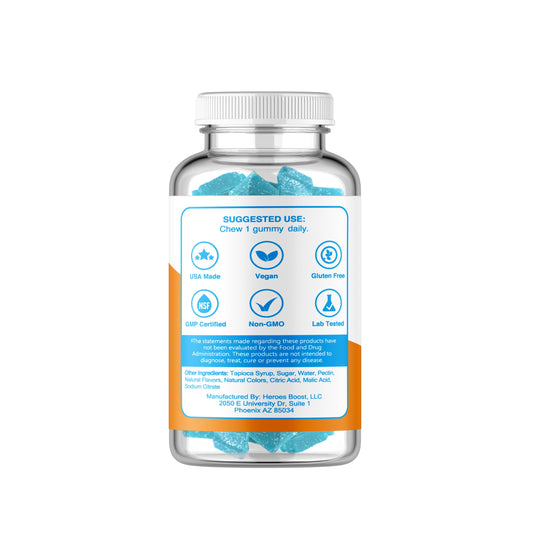 Heroes Boost Smart Shrooms blue raspberry gummies highlight tasty, easy daily focus support.