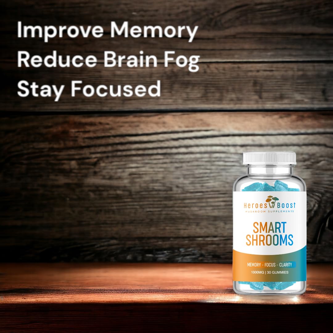 Heroes Boost Smart Shrooms gummy closeup reveals chewy texture ideal for daily use.