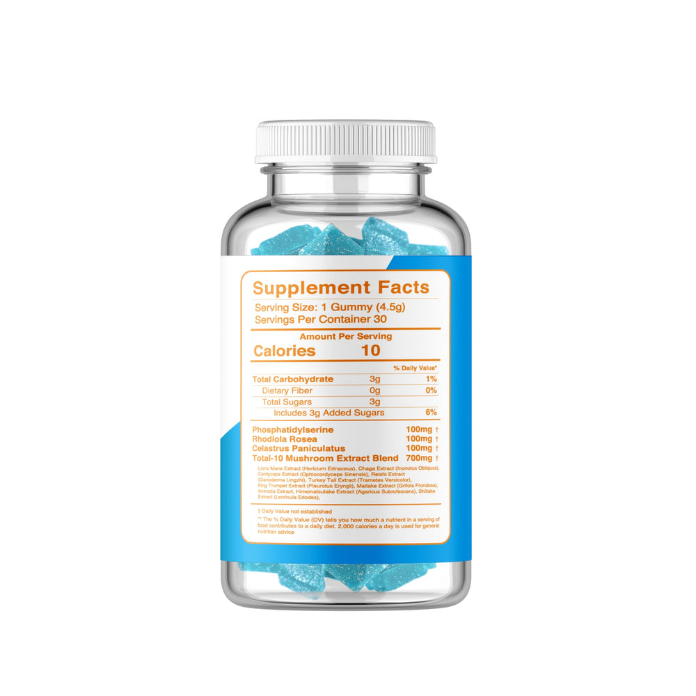 Heroes Boost Smart Shrooms label closeup showcases vegan, gluten-free formula.