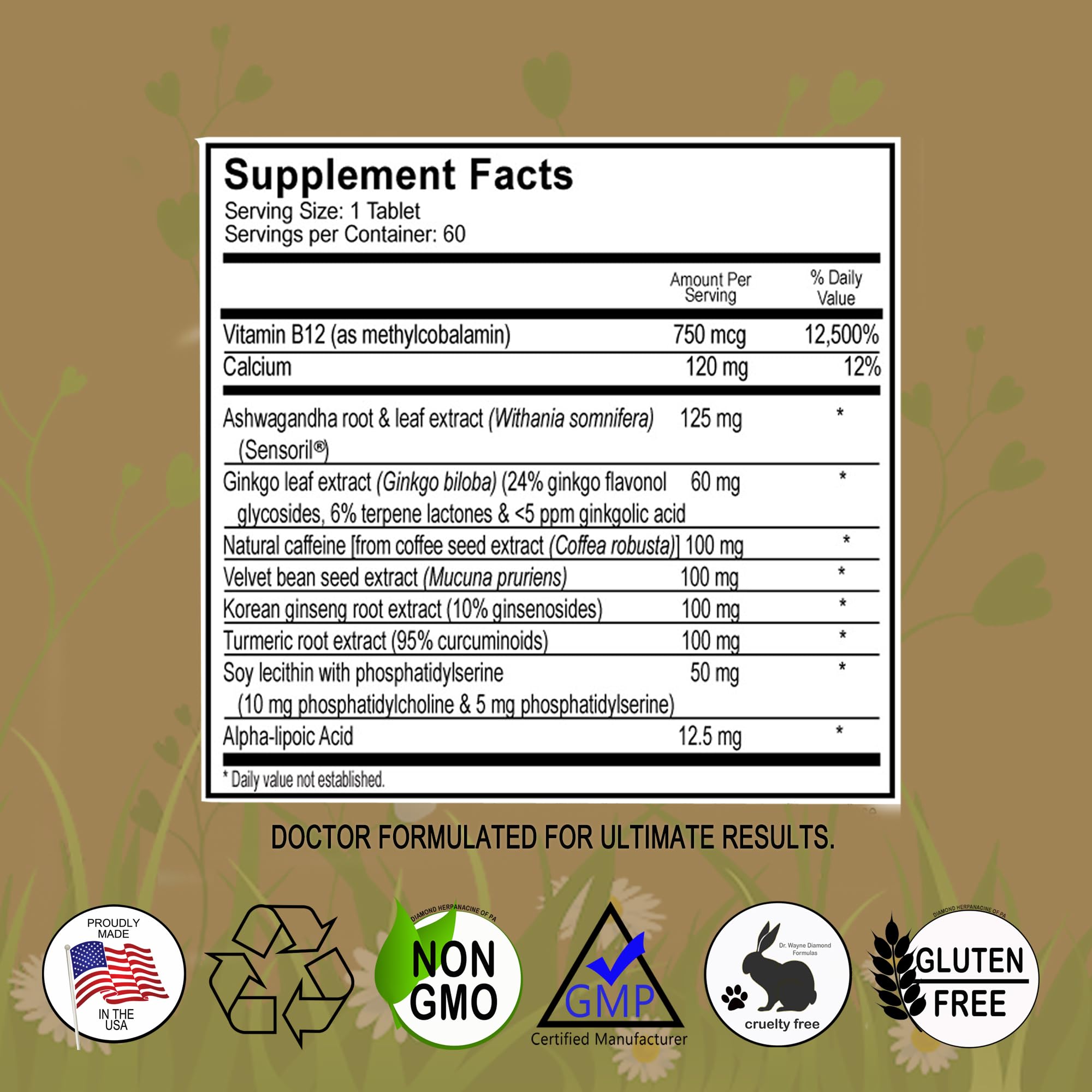 Herpanacine DiamondMIND capsules closeup highlighting vegan, gluten-free support.