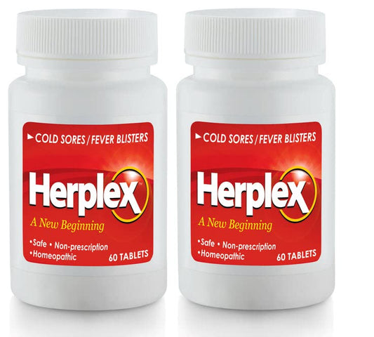 Herplex Premium Tablets bottle and label, convenient at-home cold sore relief.