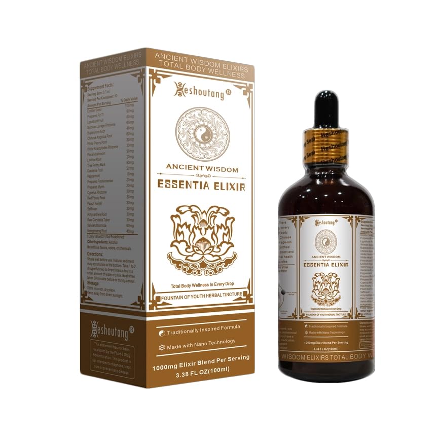 Heshoutang ESSENTIA Elixir bottle on display with a 24-herb blend for daily vitality.