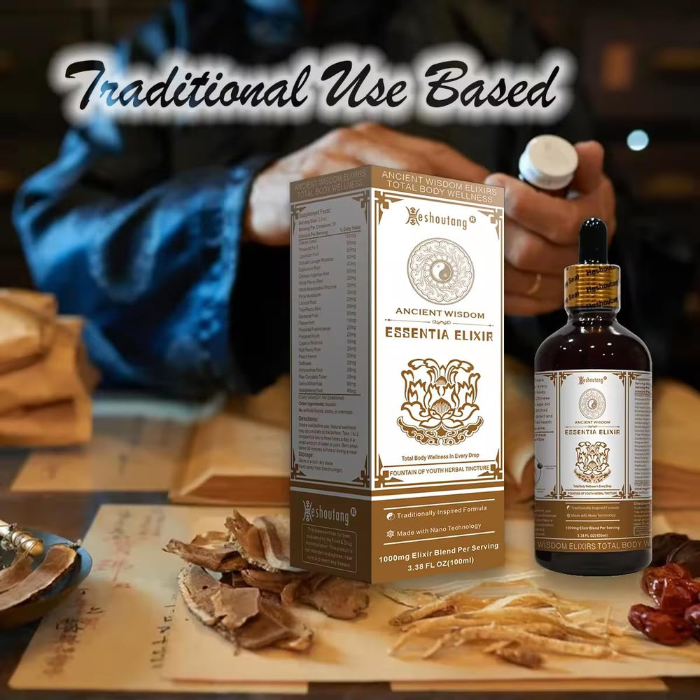 Elegant Heshoutang ESSENTIA Elixir packaging on a wooden surface reflecting ancient wisdom.