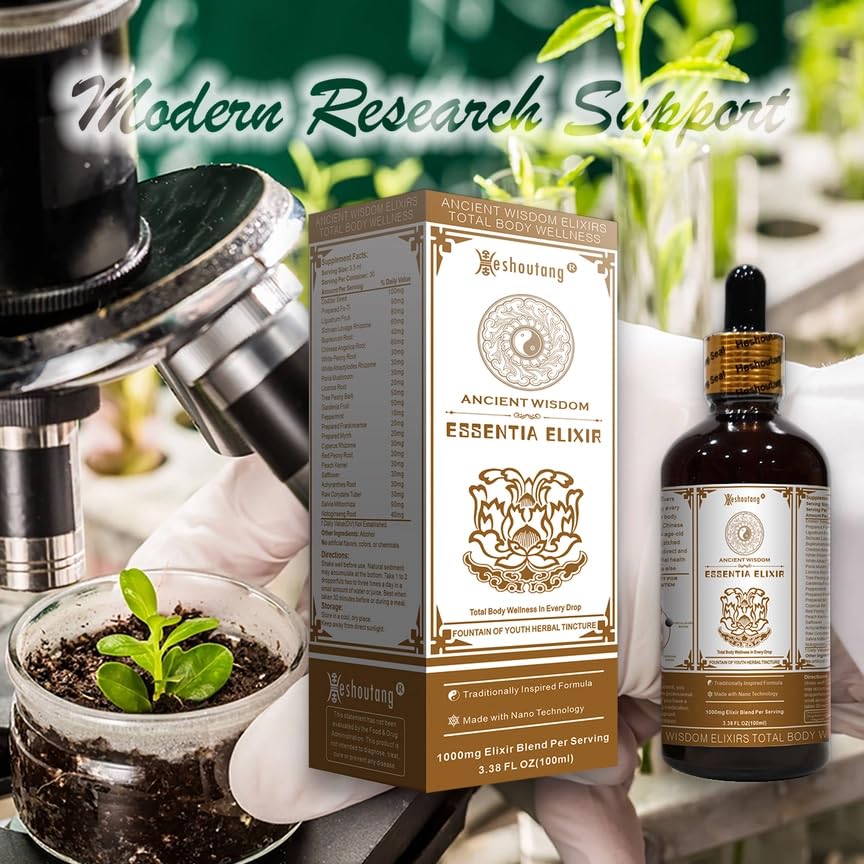 Heshoutang ESSENTIA Elixir bottle with 24 Herbs label, ideal for mindful self-care.