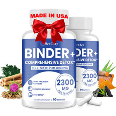 HevChay Detox Binder 2300mg bottle shows a 17-in-1 detox blend for daily toxin support.