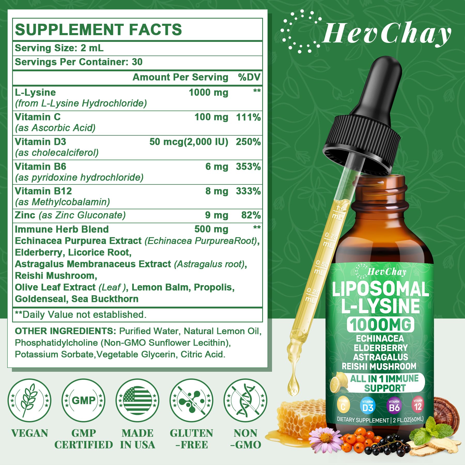 HevChay lysine drops with measurement for precise daily dosing