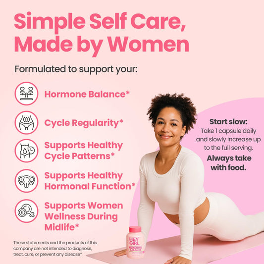 Hey Girl Nutrition hormone balance bottle back, label details and usage.</