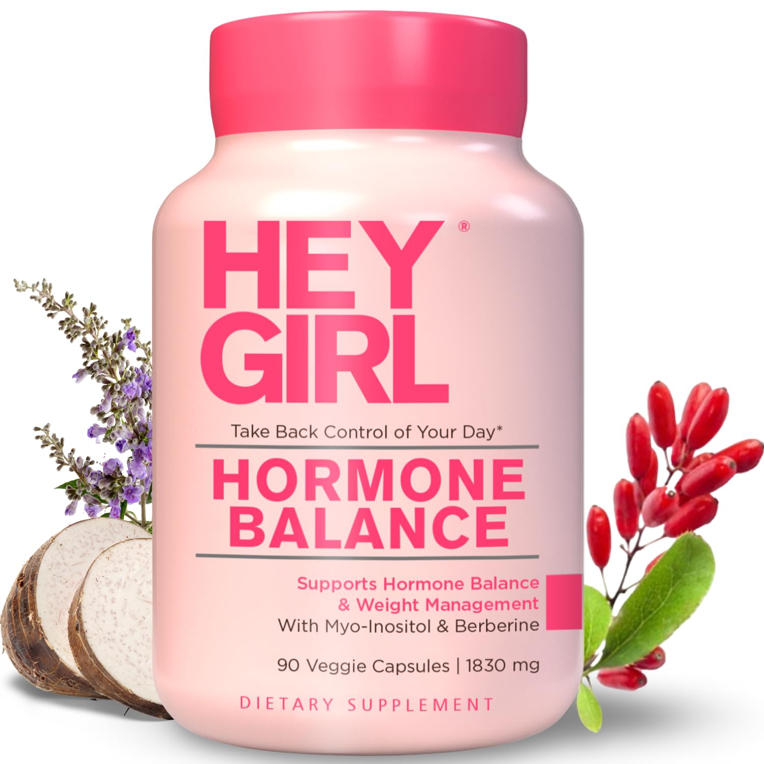 Hey Girl Nutrition hormone balance bottle front, 13-in-1 cycle support blend highlighted.