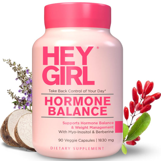 Hey Girl Nutrition hormone balance bottle front, 13-in-1 cycle support blend highlighted.