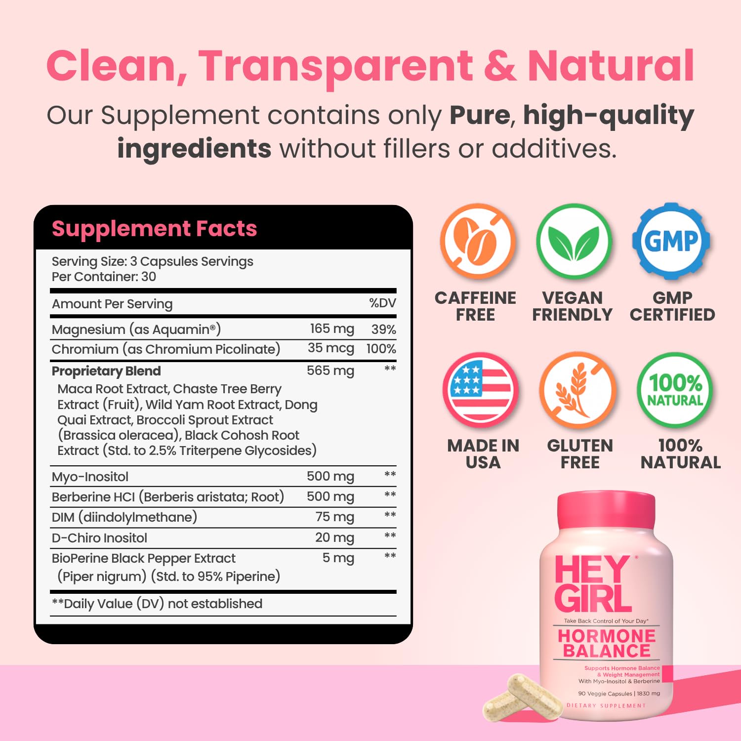 Hey Girl Nutrition hormone balance daily-dose label, showing recommended intake with meals.