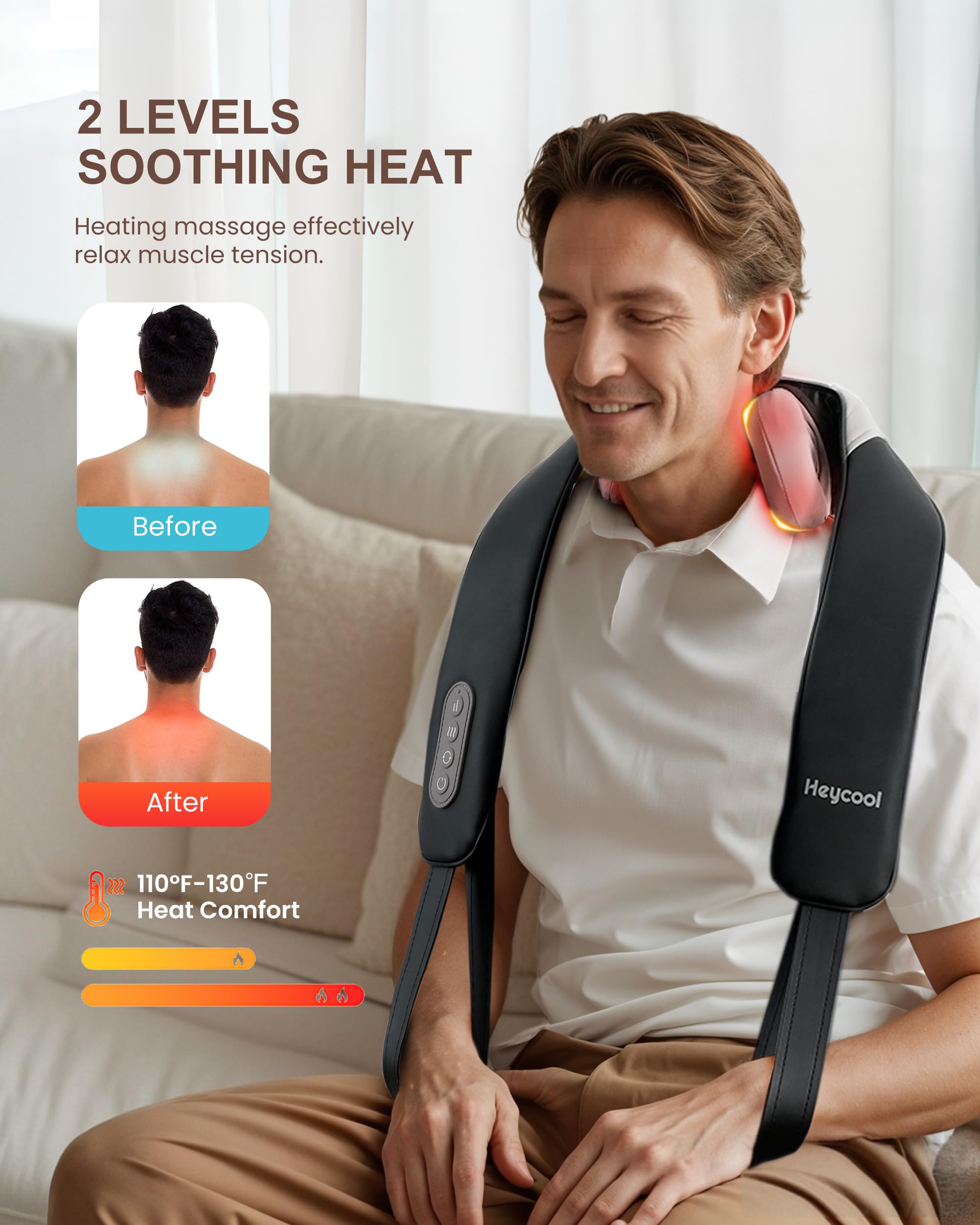 Heycool neck massager showing 3 modes and 3 intensity levels