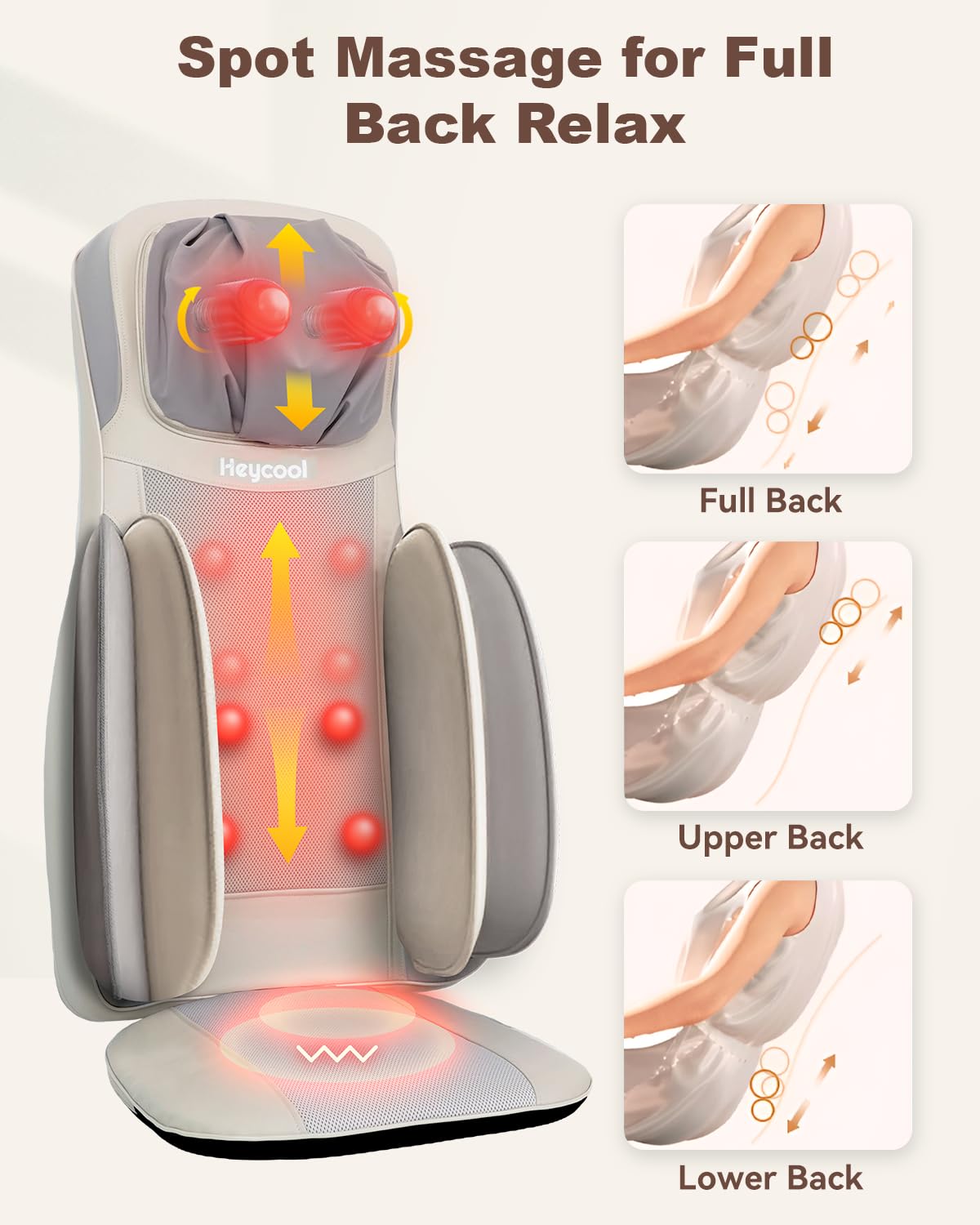 Heycool adjustable shiatsu nodes target neck and back.