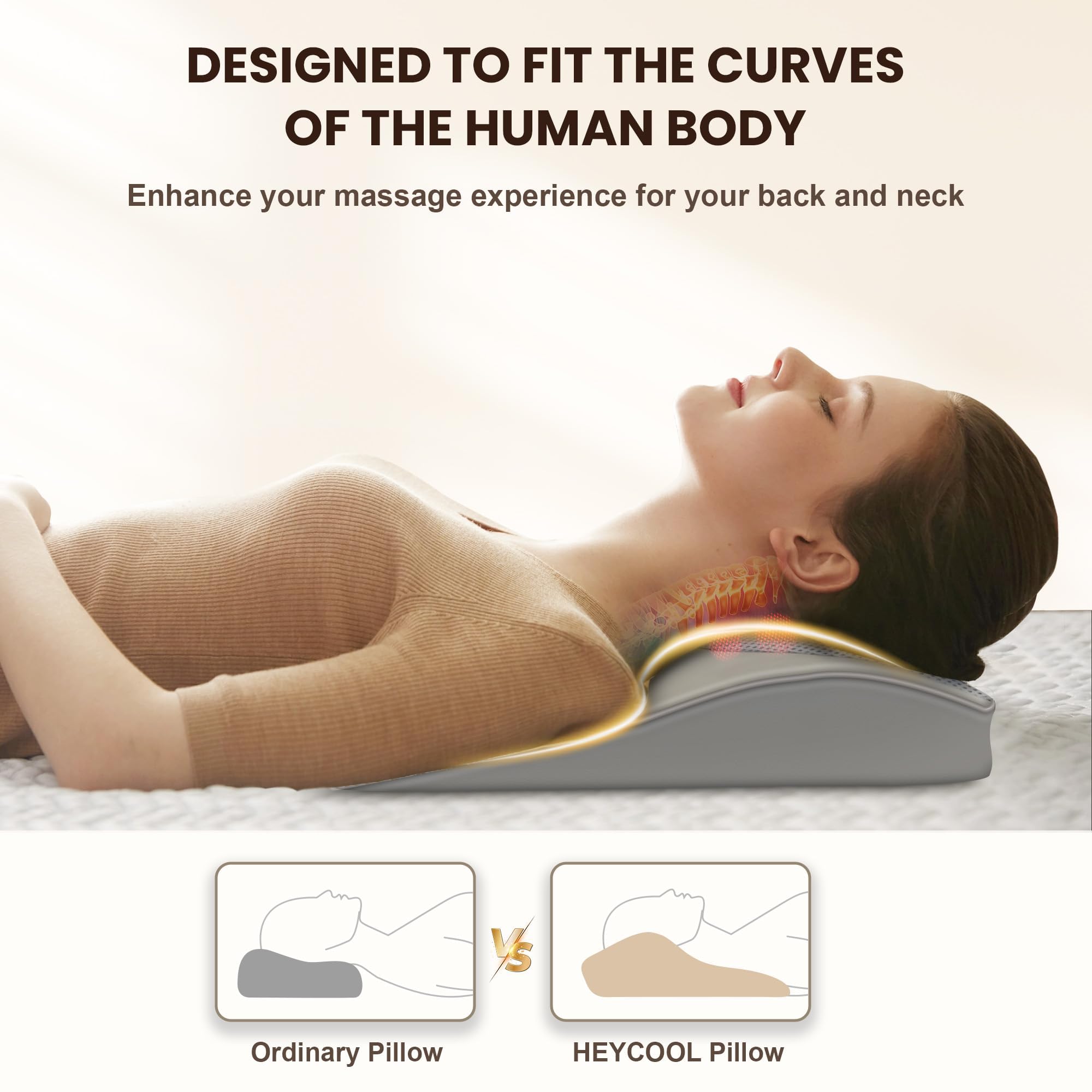 Heycool back massager heat function provides soothing warmth for tired muscles
