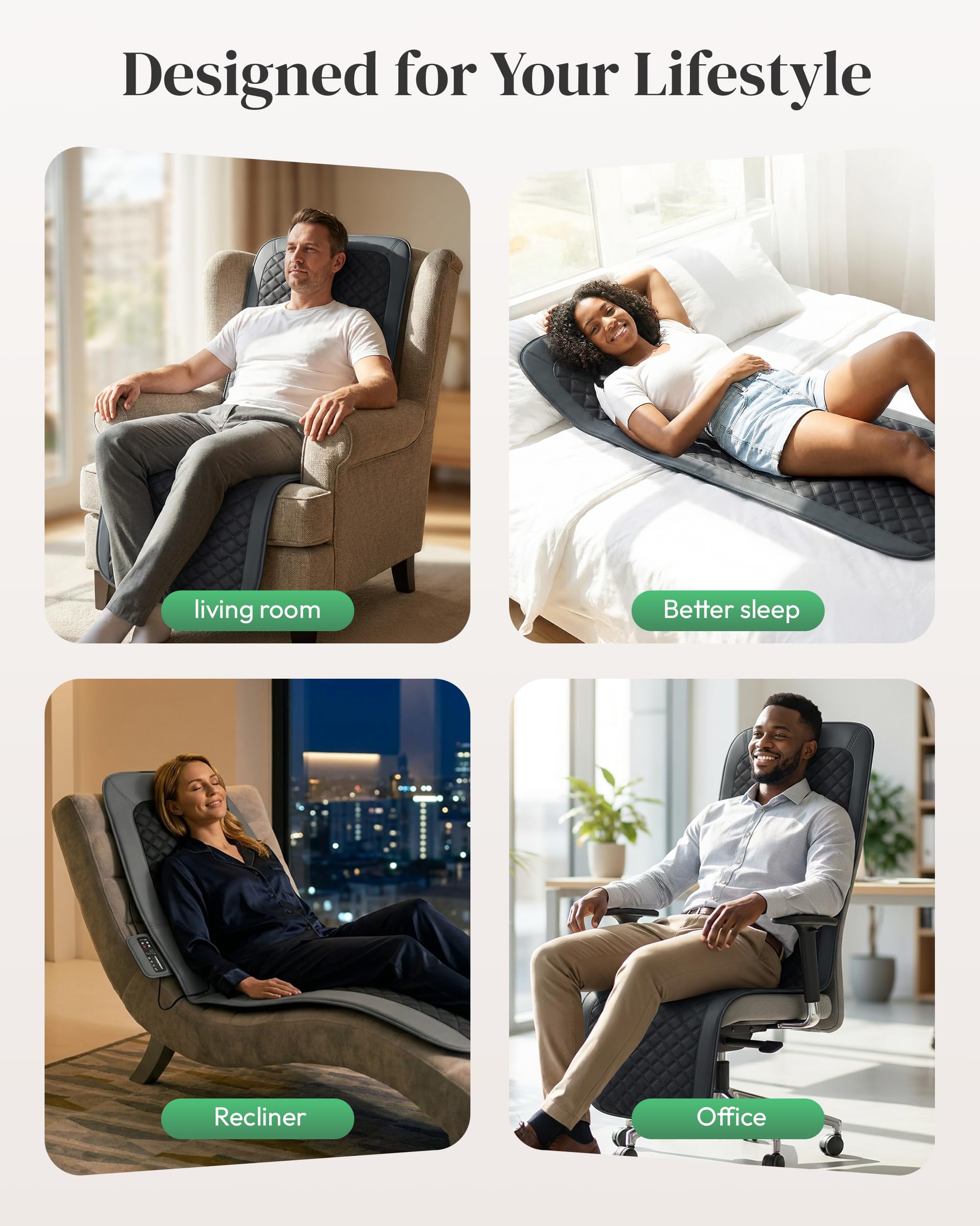 Heycool massage pad on sofa enables effortless unwinding after work.